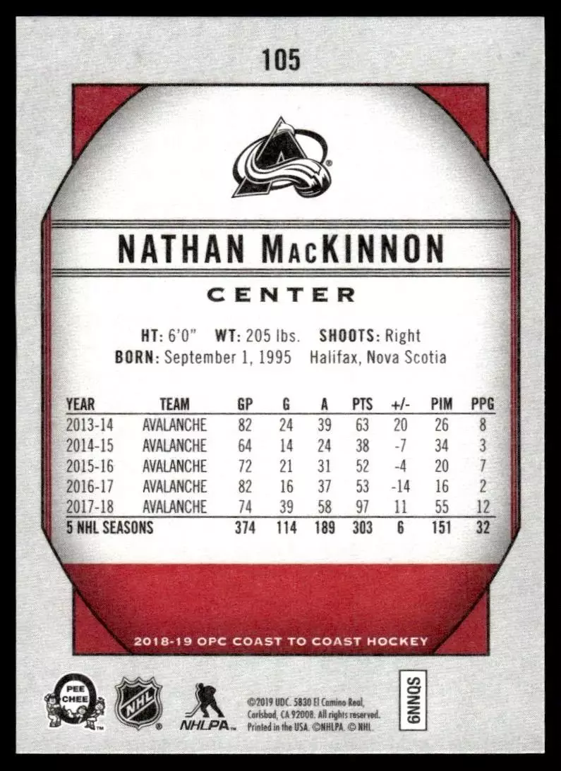 2018-19 O-Pee-Chee Coast to Coast #105 Nathan MacKinnon 1
