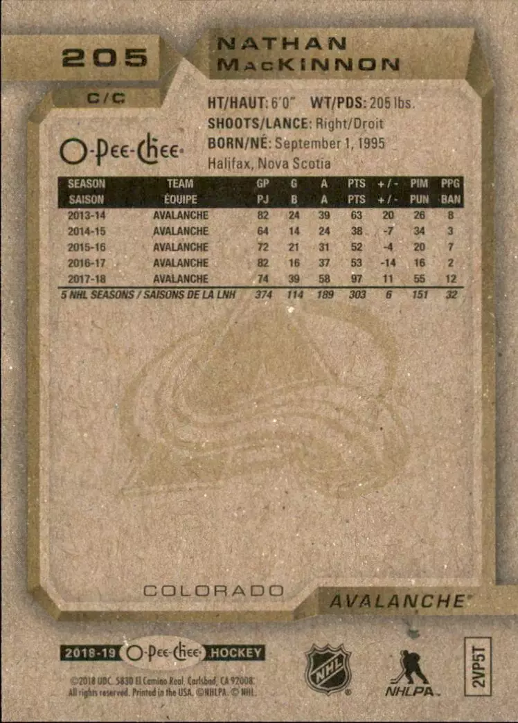 2018-19 O-Pee-Chee #205 Nathan MacKinnon 1