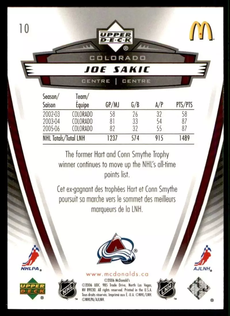 2006-07 McDonald's Upper Deck #10 Joe Sakic 1