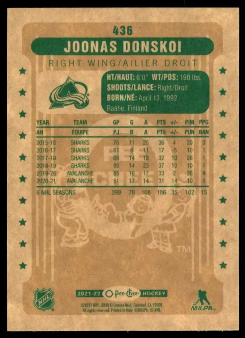 2021-22 O-Pee-Chee Retro #436 Joonas Donskoi 1