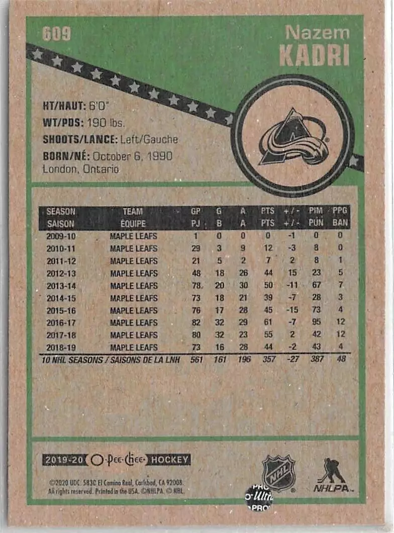 2019-20 O-Pee-Chee Retro #609 Nazem Kadri 1