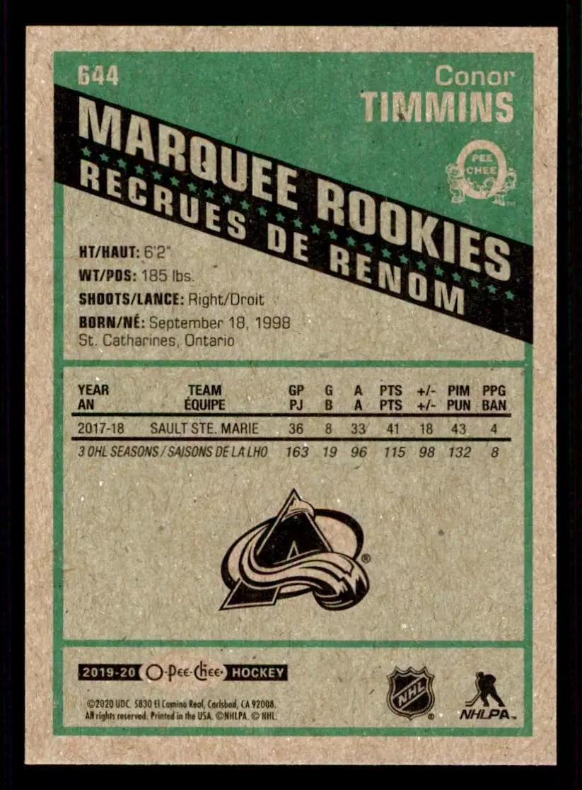 2019-20 O-Pee-Chee Retro #644 Conor Timmins 1