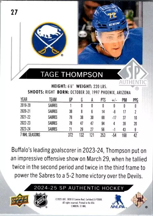 2024-25 SP Authentic #27 Tage Thompson 1