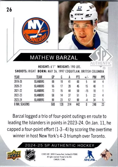 2024-25 SP Authentic #26 Mathew Barzal 1