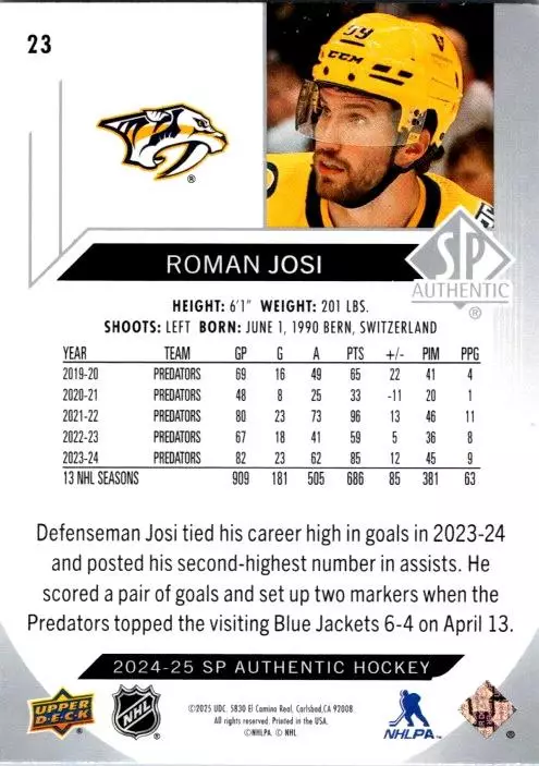 2024-25 SP Authentic #23 Roman Josi 1