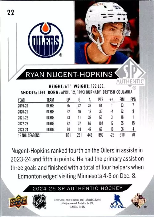 2024-25 SP Authentic #22 Ryan Nugent-Hopkins 1