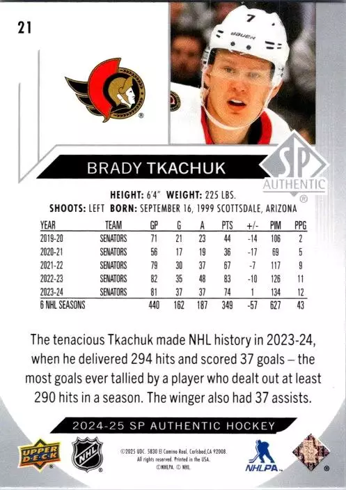 2024-25 SP Authentic #21 Brady Tkachuk 1
