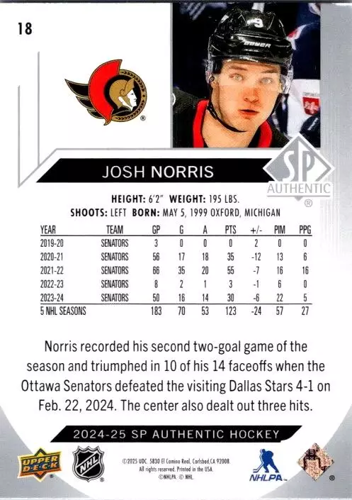 2024-25 SP Authentic #18 Josh Norris 1