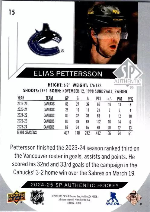 2024-25 SP Authentic #15 Elias Pettersson 1