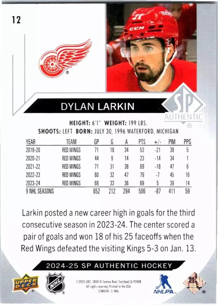 2024-25 SP Authentic #12 Dylan Larkin 1