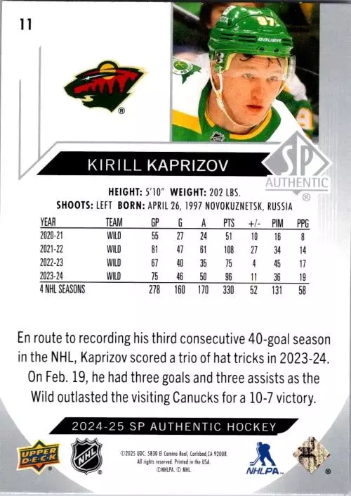 2024-25 SP Authentic #11 Kirill Kaprizov 1