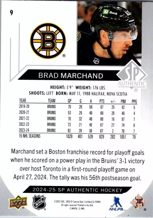 2024-25 SP Authentic #9 Brad Marchand 1