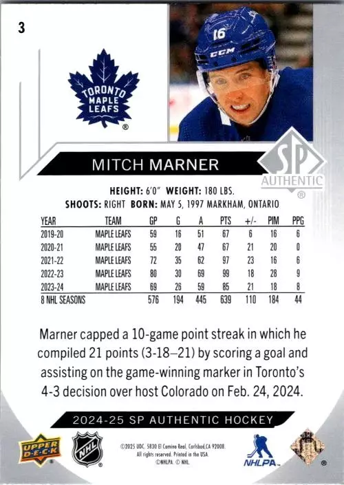 2024-25 SP Authentic #3 Mitch Marner 1