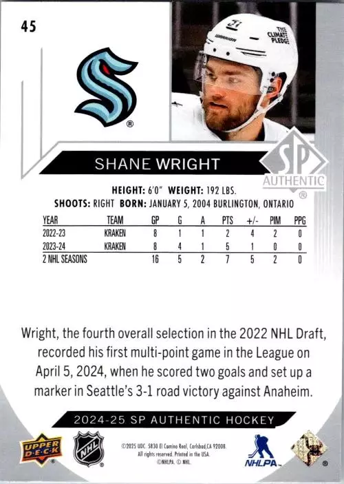 2024-25 SP Authentic #45 Shane Wright 1