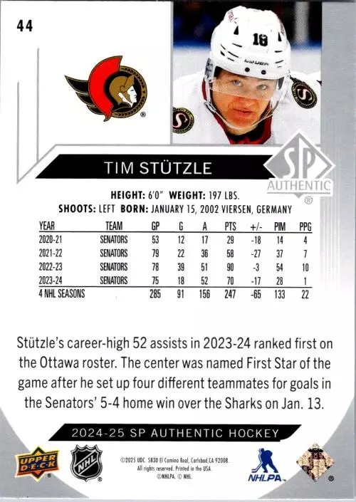 2024-25 SP Authentic #44 Tim Stutzle 1