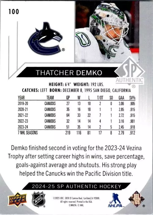 2024-25 SP Authentic #100 Thatcher Demko 1