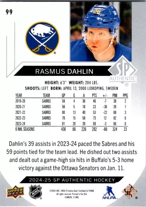 2024-25 SP Authentic #99 Rasmus Dahlin 1