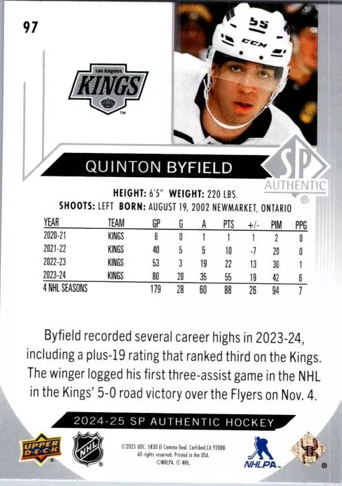 2024-25 SP Authentic #97 Quinton Byfield 1