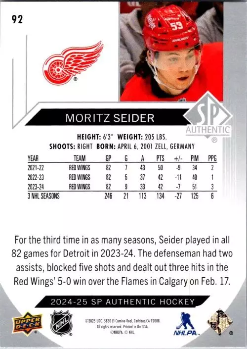 2024-25 SP Authentic #92 Moritz Seider 1