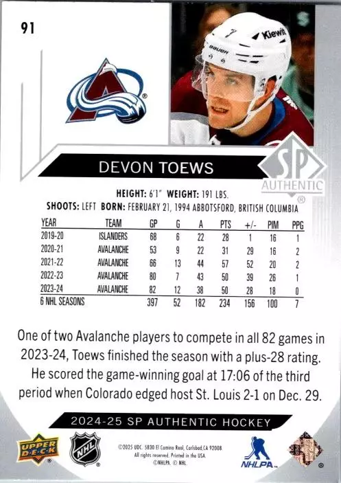 2024-25 SP Authentic #91 Devon Toews 1
