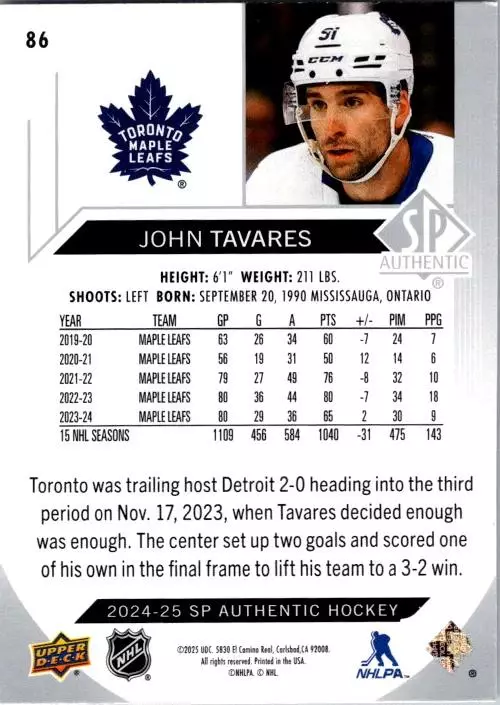 2024-25 SP Authentic #86 John Tavares 1