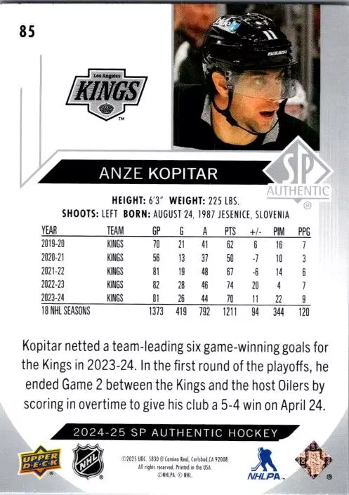 2024-25 SP Authentic #85 Anze Kopitar 1