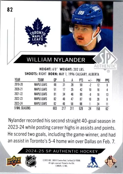 2024-25 SP Authentic #82 William Nylander 1