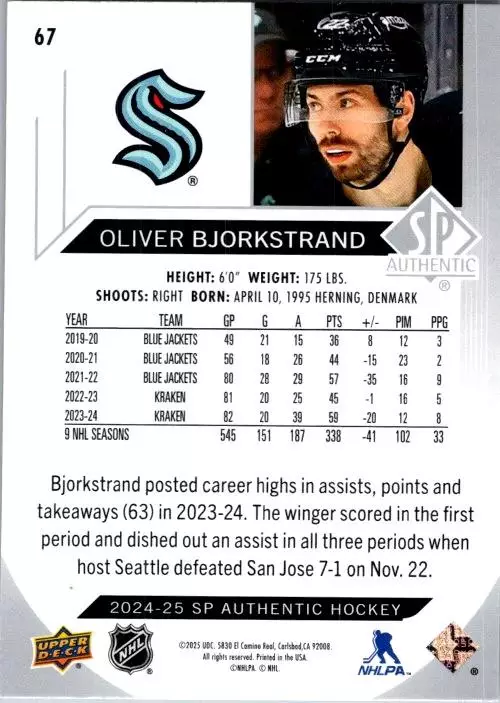 2024-25 SP Authentic #67 Oliver Bjorkstrand 1