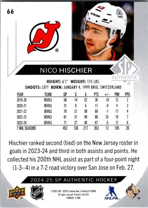 2024-25 SP Authentic #66 Nico Hischier 1