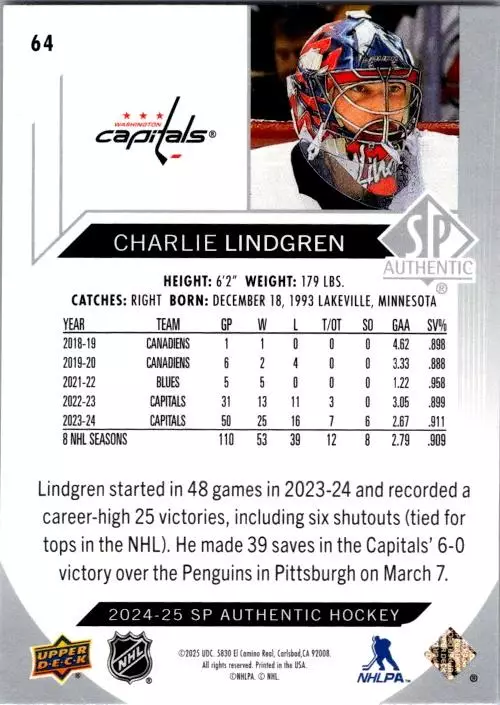 2024-25 SP Authentic #64 Charlie Lindgren 1