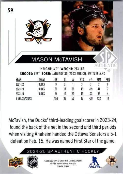 2024-25 SP Authentic #59 Mason McTavish 1
