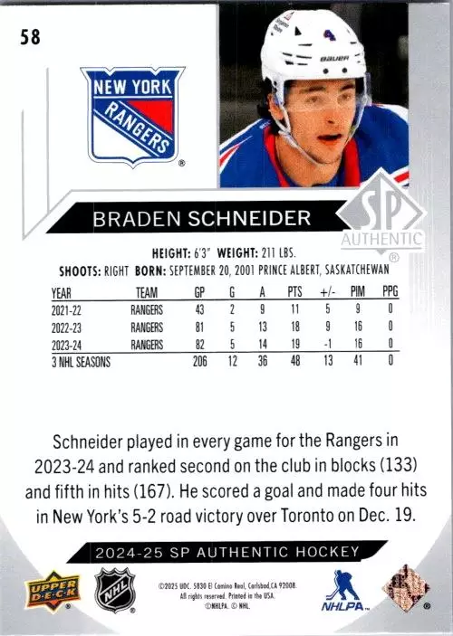 2024-25 SP Authentic #58 Braden Schneider 1