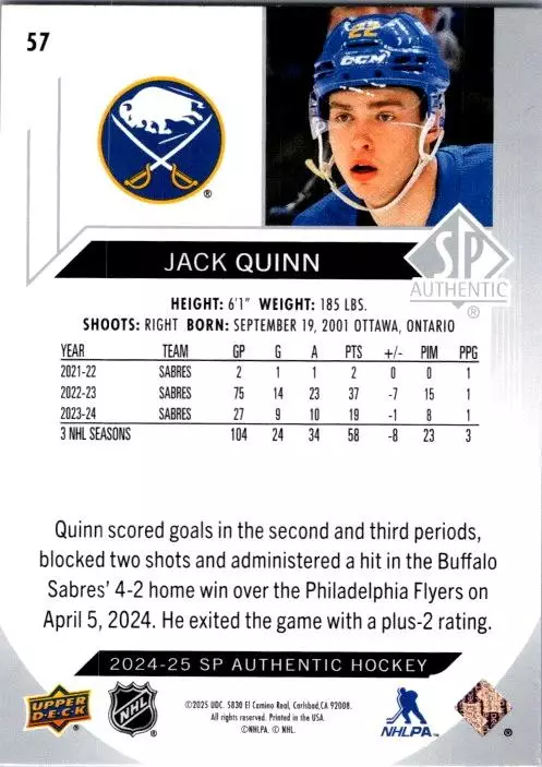 2024-25 SP Authentic #57 Jack Quinn 1