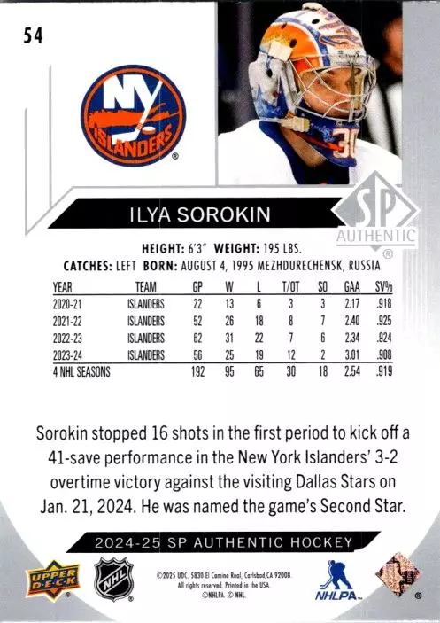 2024-25 SP Authentic #54 Ilya Sorokin 1