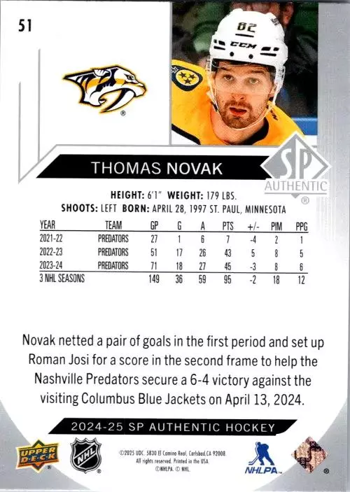 2024-25 SP Authentic #51 Thomas Novak 1