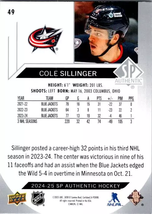 2024-25 SP Authentic #49 Cole Sillinger 1
