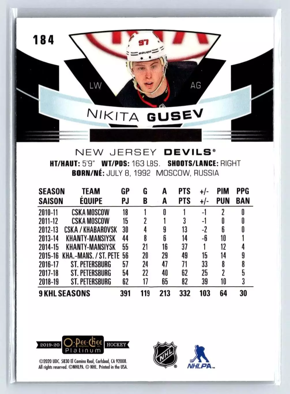 2019-20 O-Pee-Chee Platinum #184 Nikita Gusev RC 1