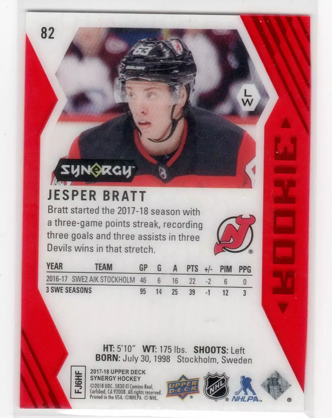 2017-18 Synergy Red #82 Jesper Bratt 1