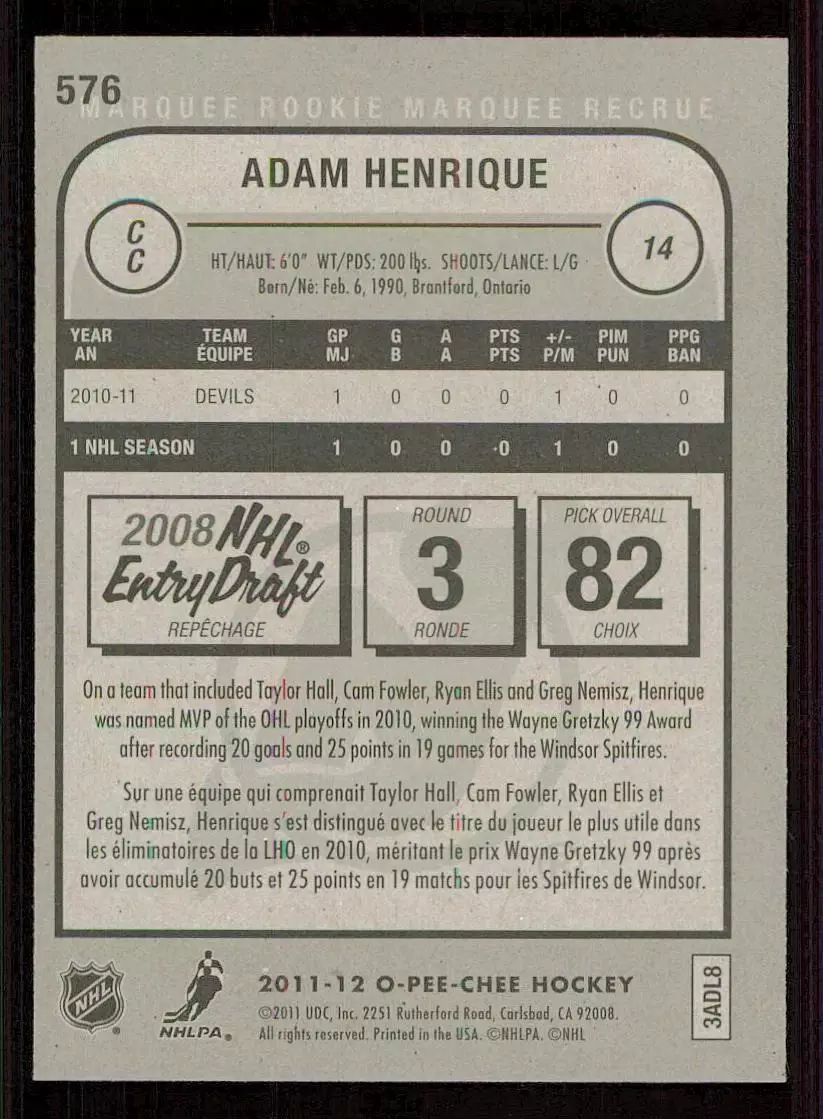 2011-12 O-Pee-Chee #576 Adam Henrique RC 1