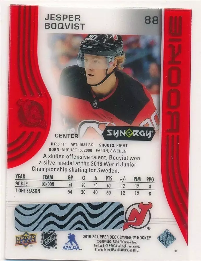 2019-20 Synergy Red #88 Jesper Boqvist 1