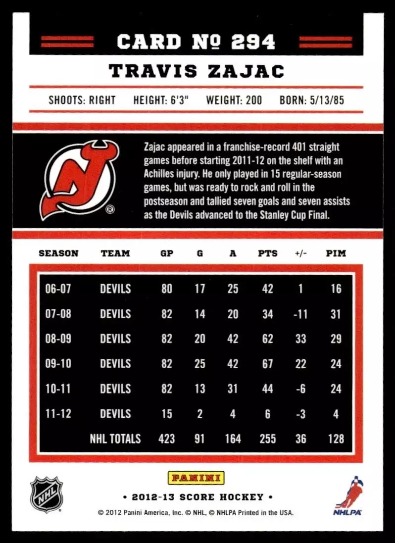 2012-13 Score #294 Travis Zajac 1