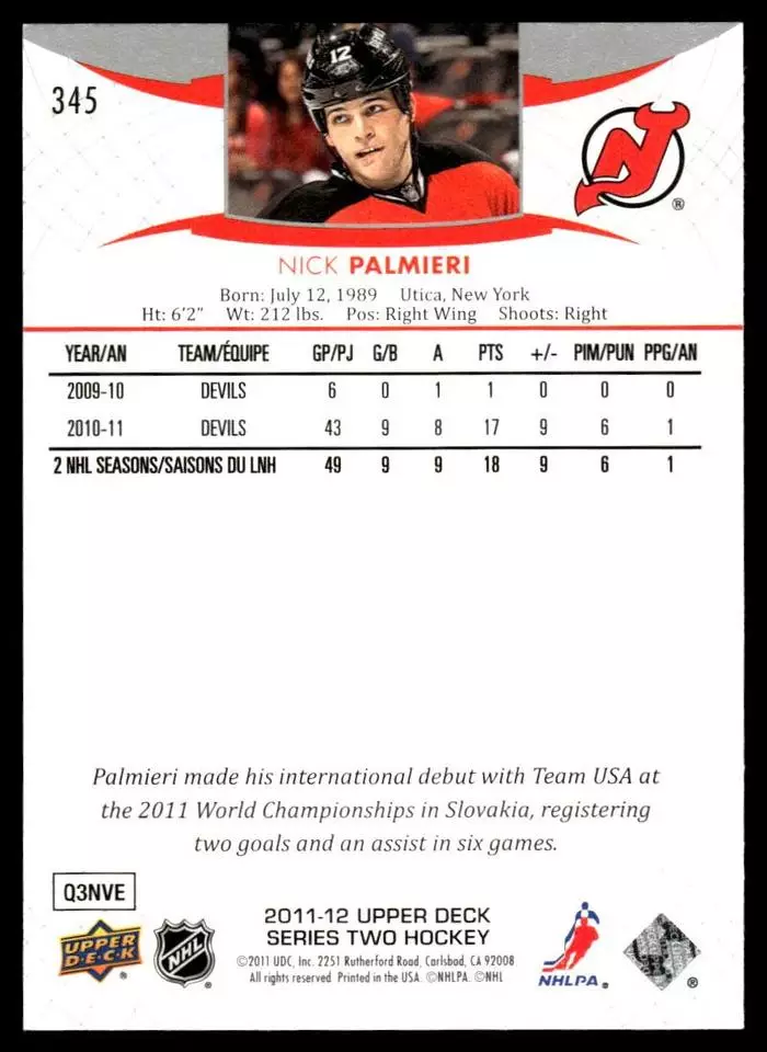2011-12 Upper Deck #345 Nick Palmieri 1
