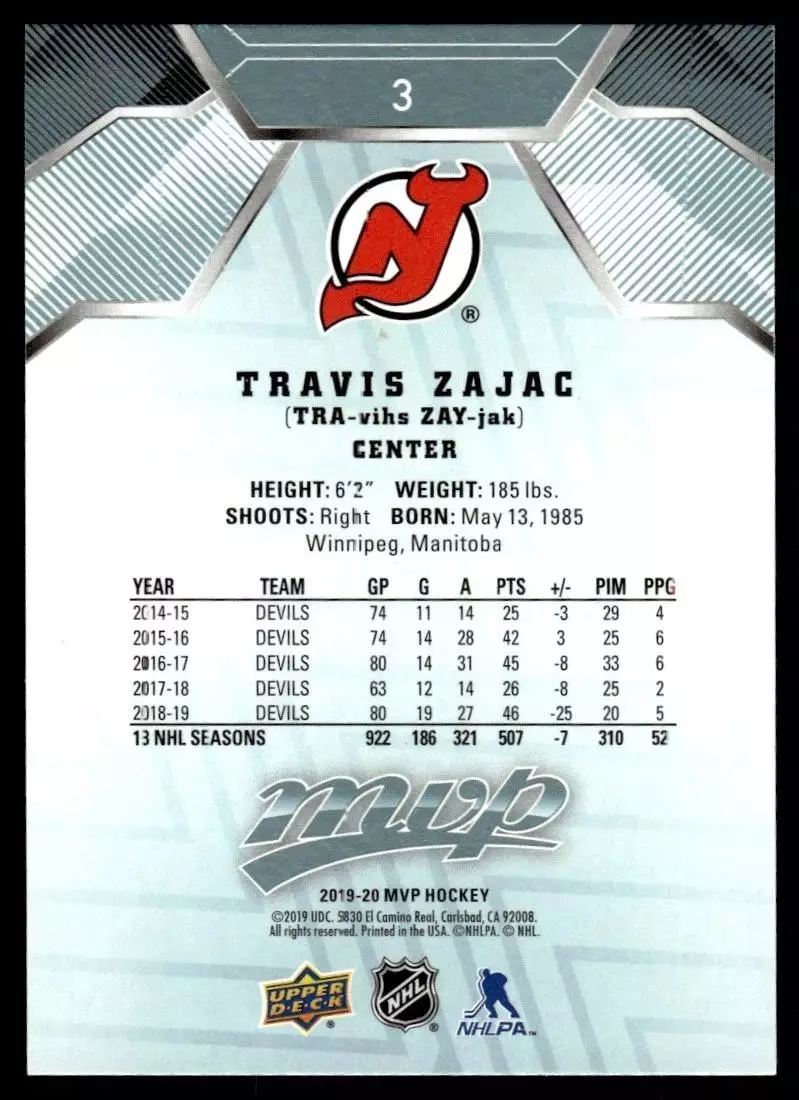 2019-20 Upper Deck MVP #3 Travis Zajac 1