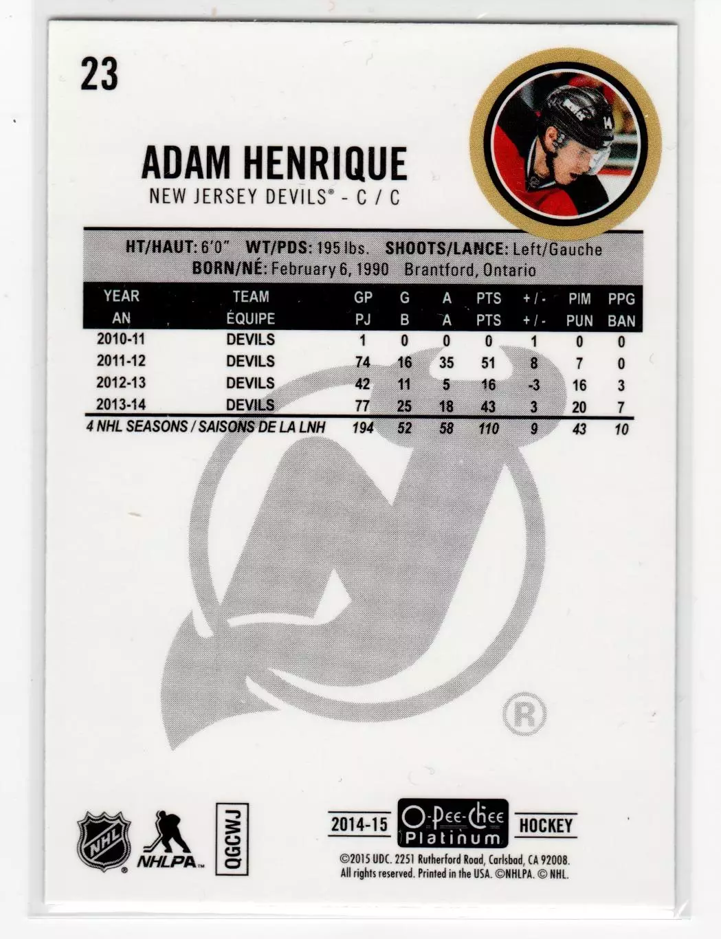 2014-15 O-Pee-Chee Platinum Traxx #23 Adam Henrique 1