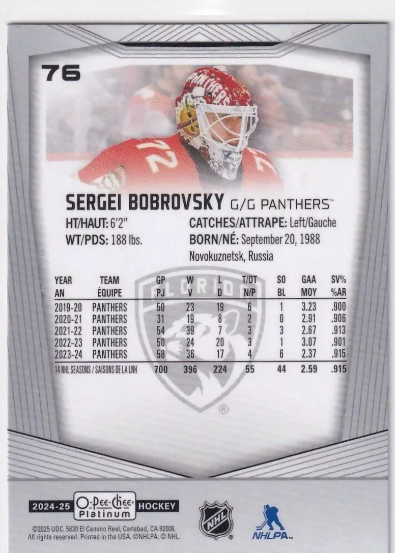 2024-25 O-Pee-Chee Platinum #76 Sergei Bobrovsky 1