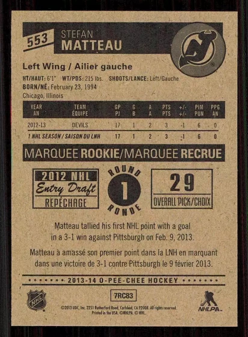 2013-14 O-Pee-Chee #553 Stefan Matteau RC 1