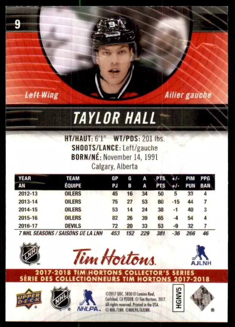 2017-18 Upper Deck Tim Hortons #9 Taylor Hall 1