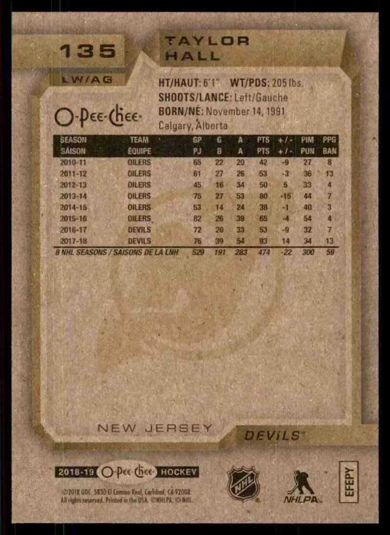2018-19 O-Pee-Chee Silver #135 Taylor Hall 1