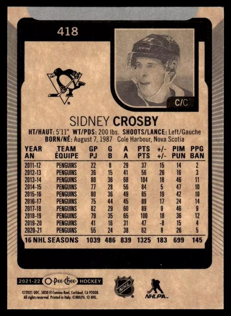 2021-22 O-Pee-Chee #418 Sidney Crosby 1