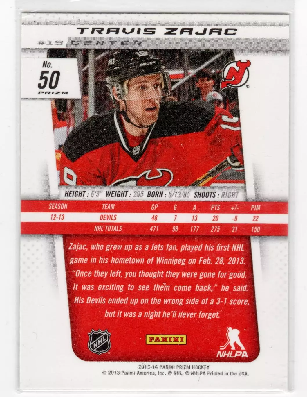 2013-14 Panini Prizm Prizms #50 Travis Zajac 1